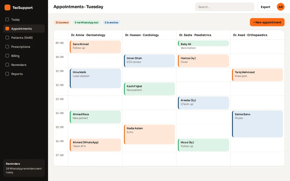 Clinic management system appointment calendar for four doctors, including bookings made by the WhatsApp bot (sample data)